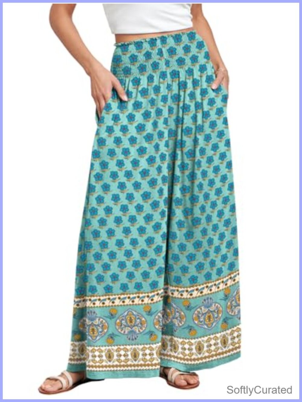 Women Wide Leg Palazzo Pants High Waist Smocked Pull On Casual